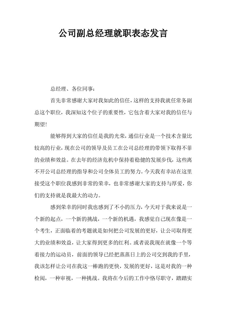 公司副总经理就职表态发言