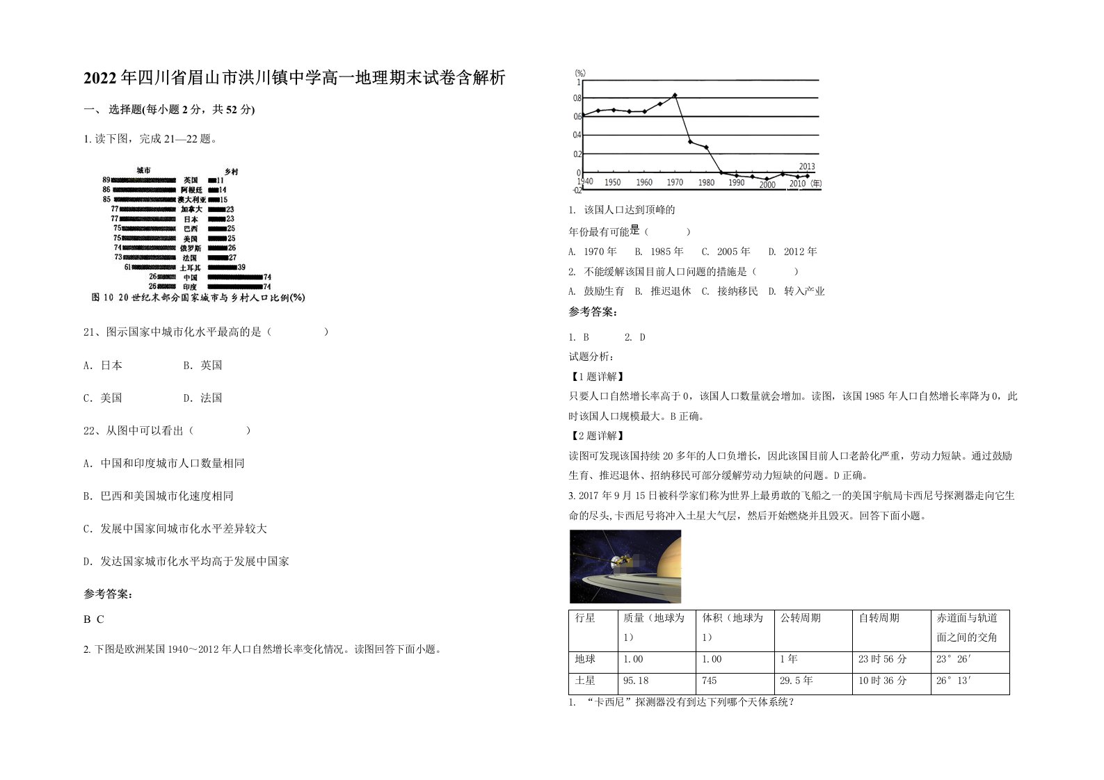 2022年四川省眉山市洪川镇中学高一地理期末试卷含解析