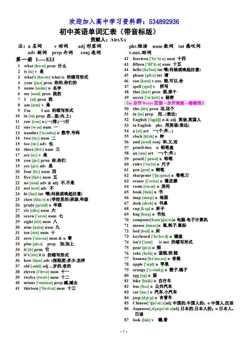 人教版初中英语单词汇总表(带音标)