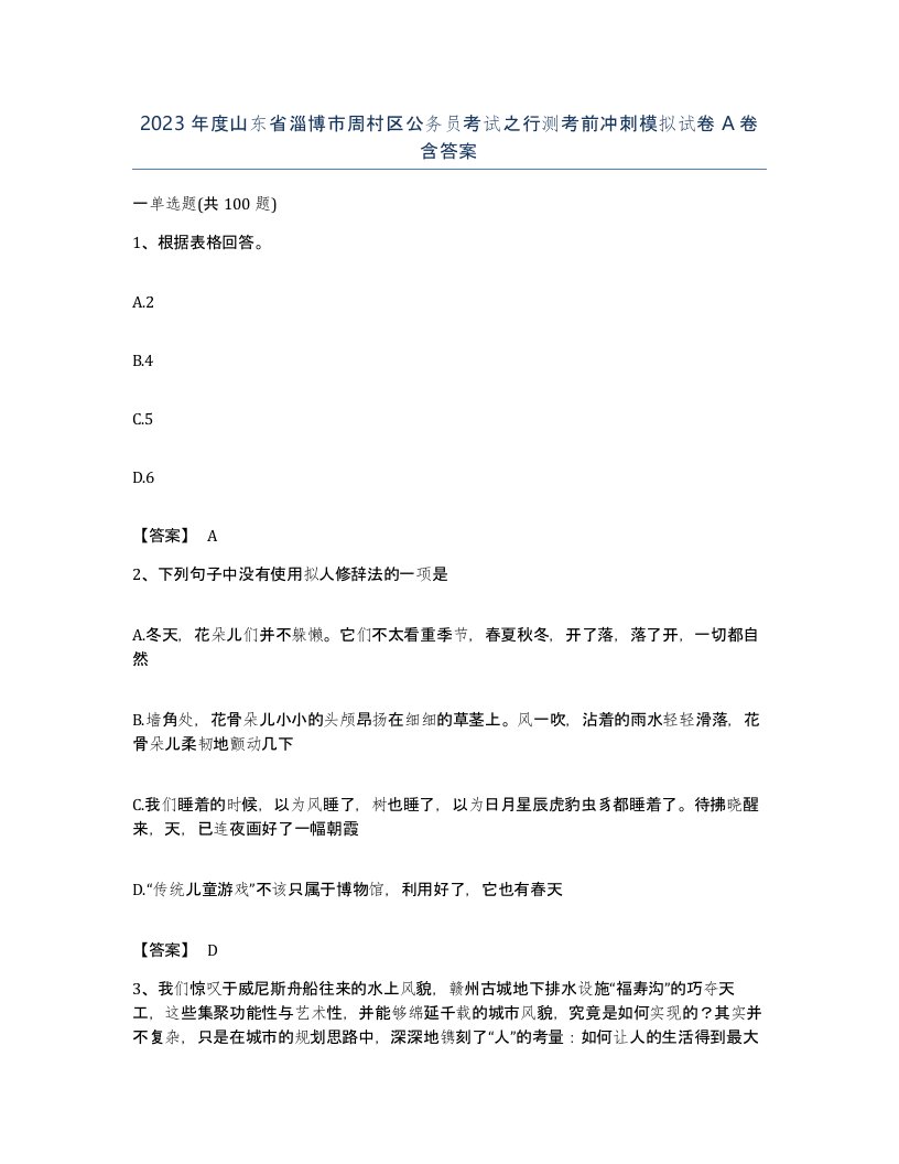 2023年度山东省淄博市周村区公务员考试之行测考前冲刺模拟试卷A卷含答案