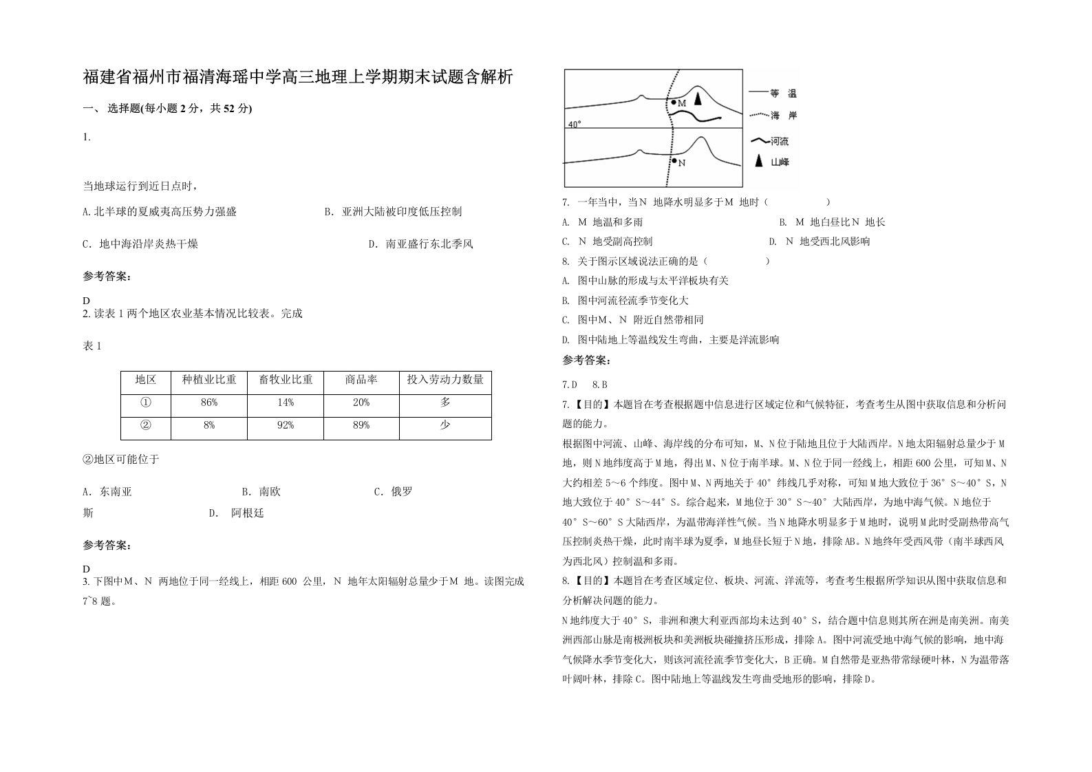 福建省福州市福清海瑶中学高三地理上学期期末试题含解析