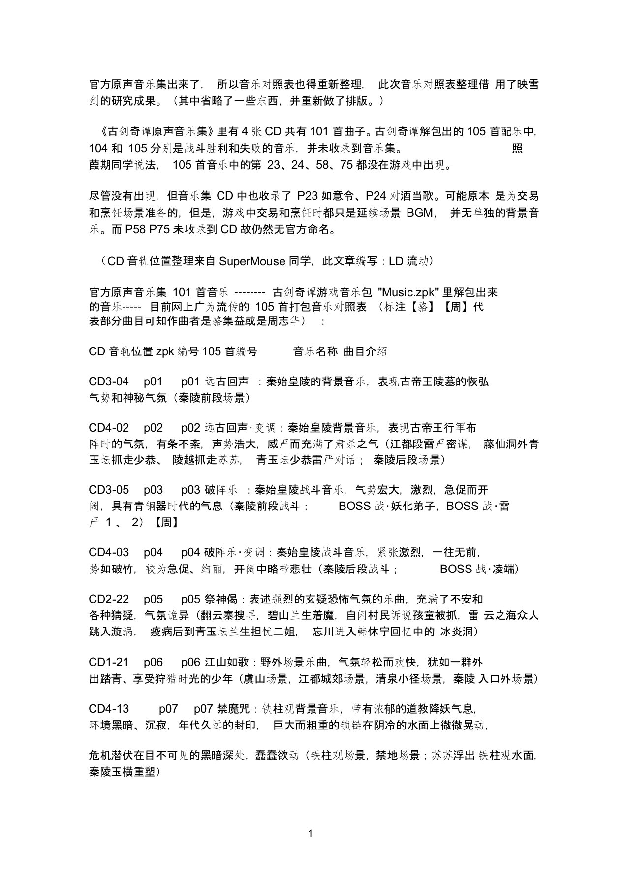 古剑奇谭105首游戏背景音乐曲目对照表(音乐名称对照)