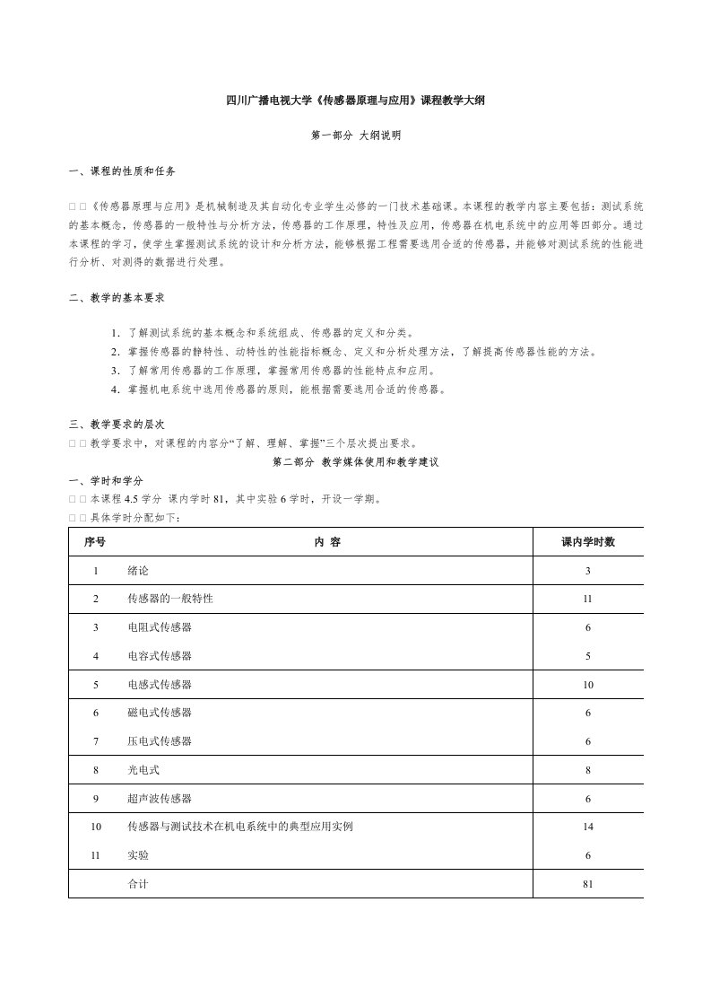 四川广播电视大学《传感器原理与应用》课程教学大纲