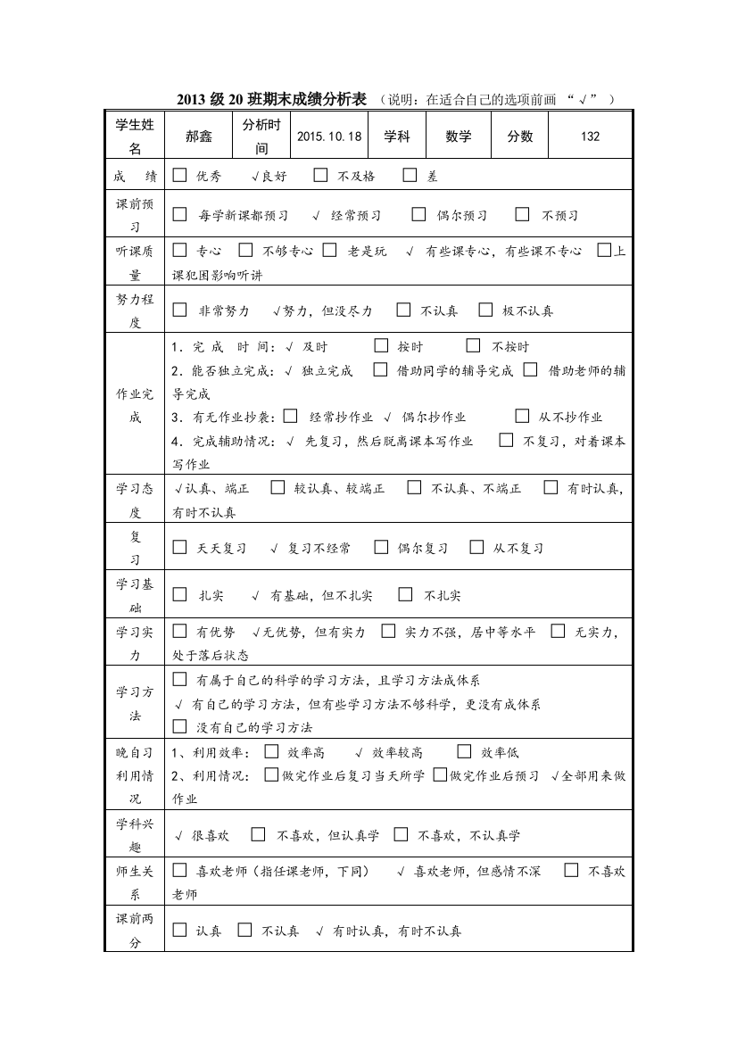 2013级23班期末成绩分析表