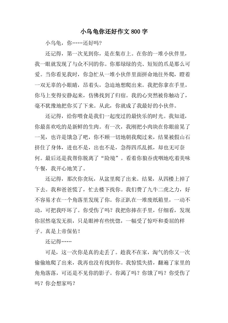 小乌龟你还好作文800字