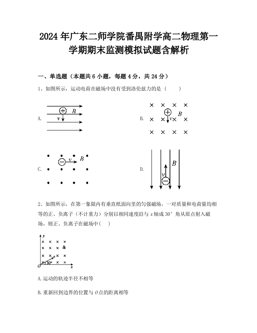 2024年广东二师学院番禺附学高二物理第一学期期末监测模拟试题含解析