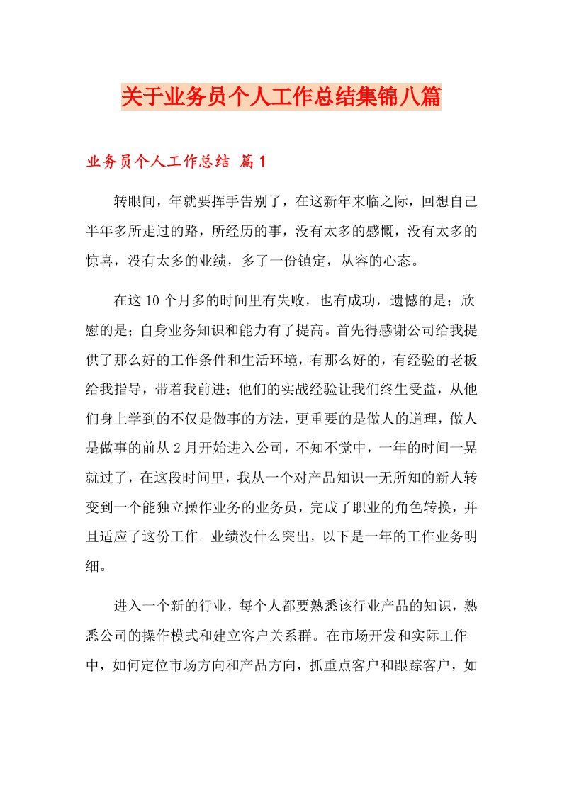 关于业务员个人工作总结集锦八篇