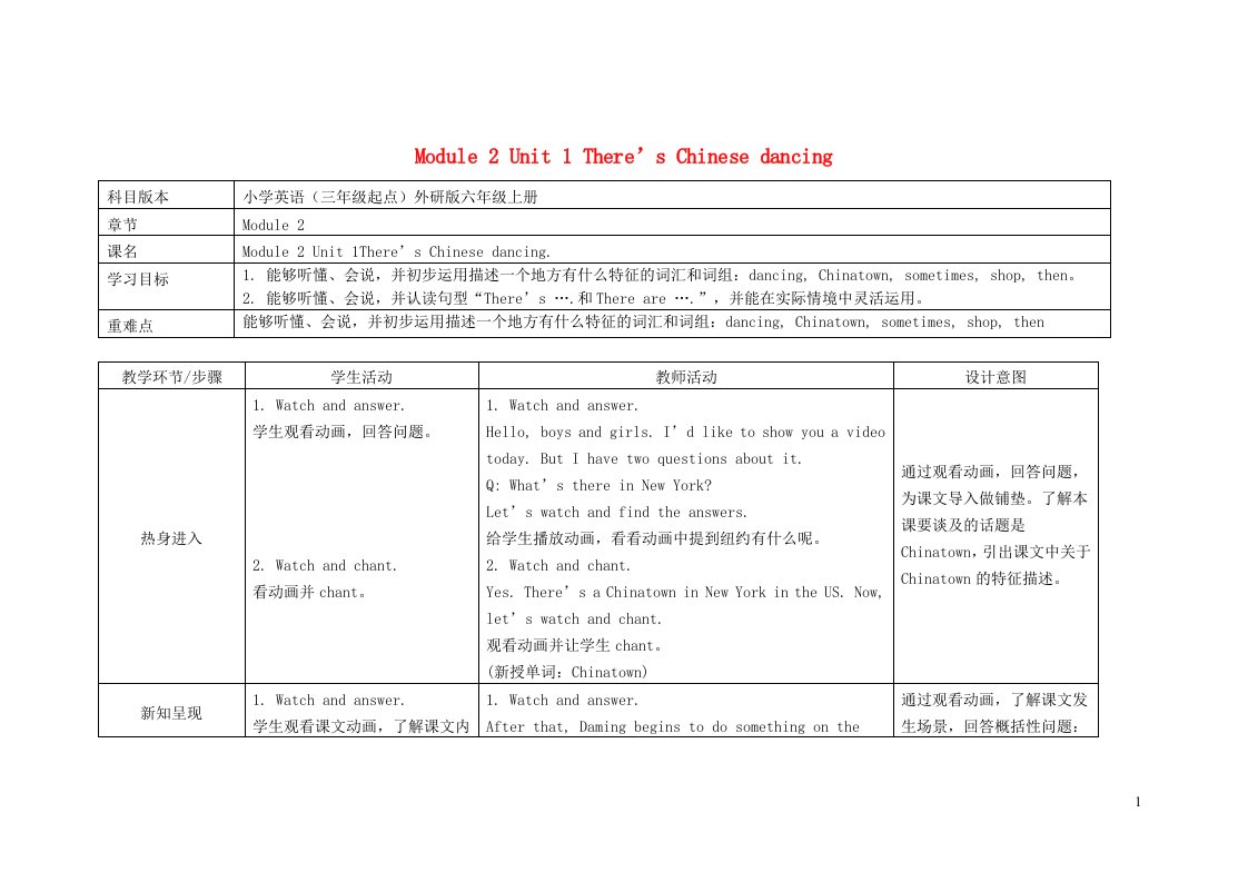 六年级英语上册Module2Unit1There'sChinesedancing教案外研版三起