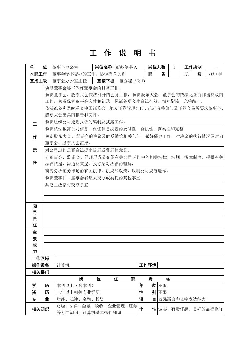 精选董事会办公室工作说明书