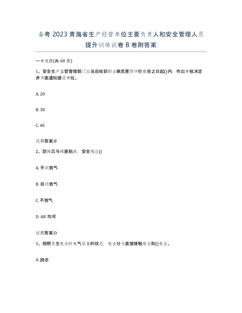 备考2023青海省生产经营单位主要负责人和安全管理人员提升训练试卷B卷附答案