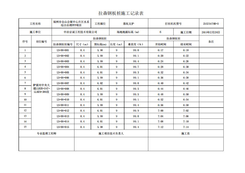 拉森钢板桩施工记录表