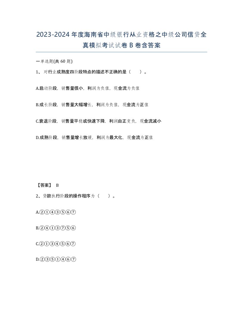 2023-2024年度海南省中级银行从业资格之中级公司信贷全真模拟考试试卷B卷含答案