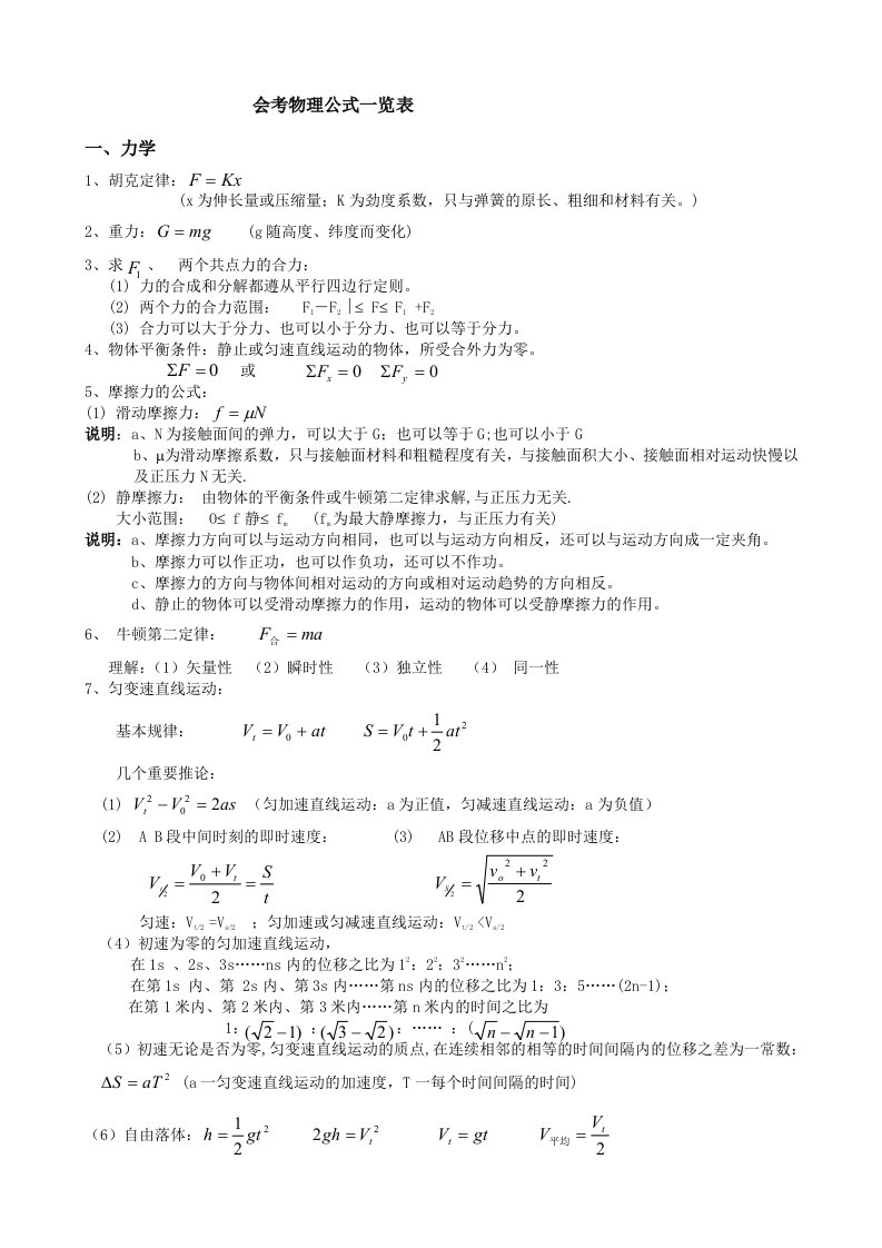 会考必备高中物理公式大全