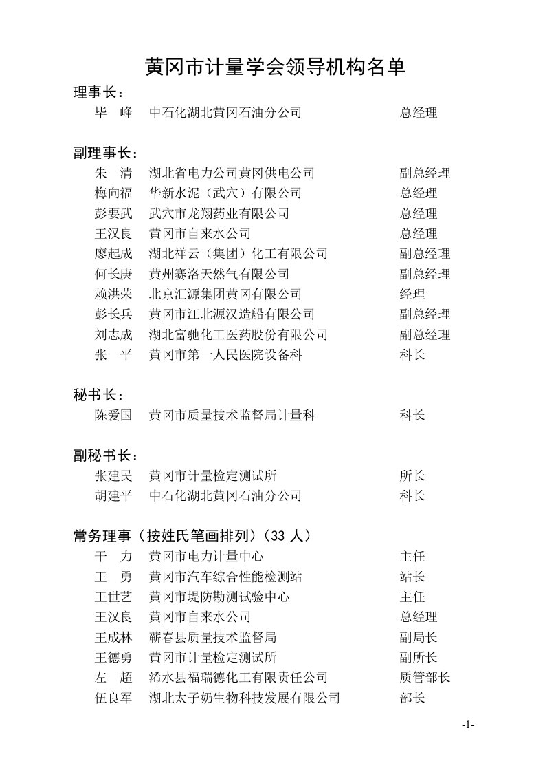 黄冈市计量学会领导机构名单