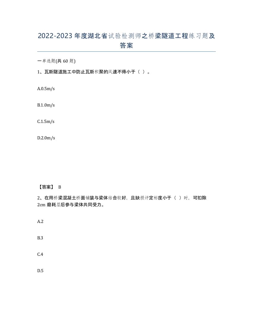 2022-2023年度湖北省试验检测师之桥梁隧道工程练习题及答案