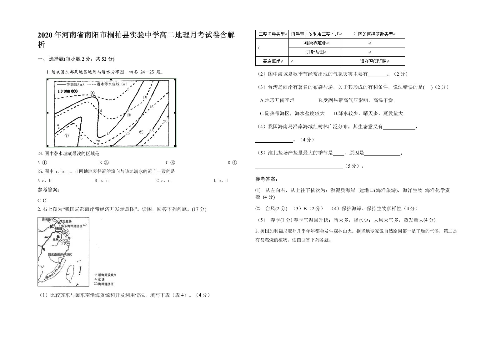 2020年河南省南阳市桐柏县实验中学高二地理月考试卷含解析