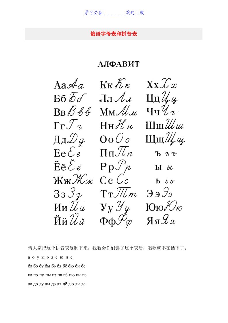 俄语字母表和拼音表