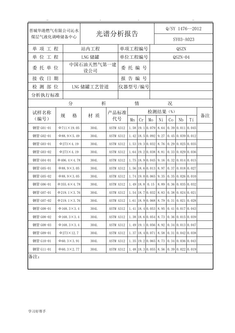 LNG储罐工艺管道光谱分析报告文案