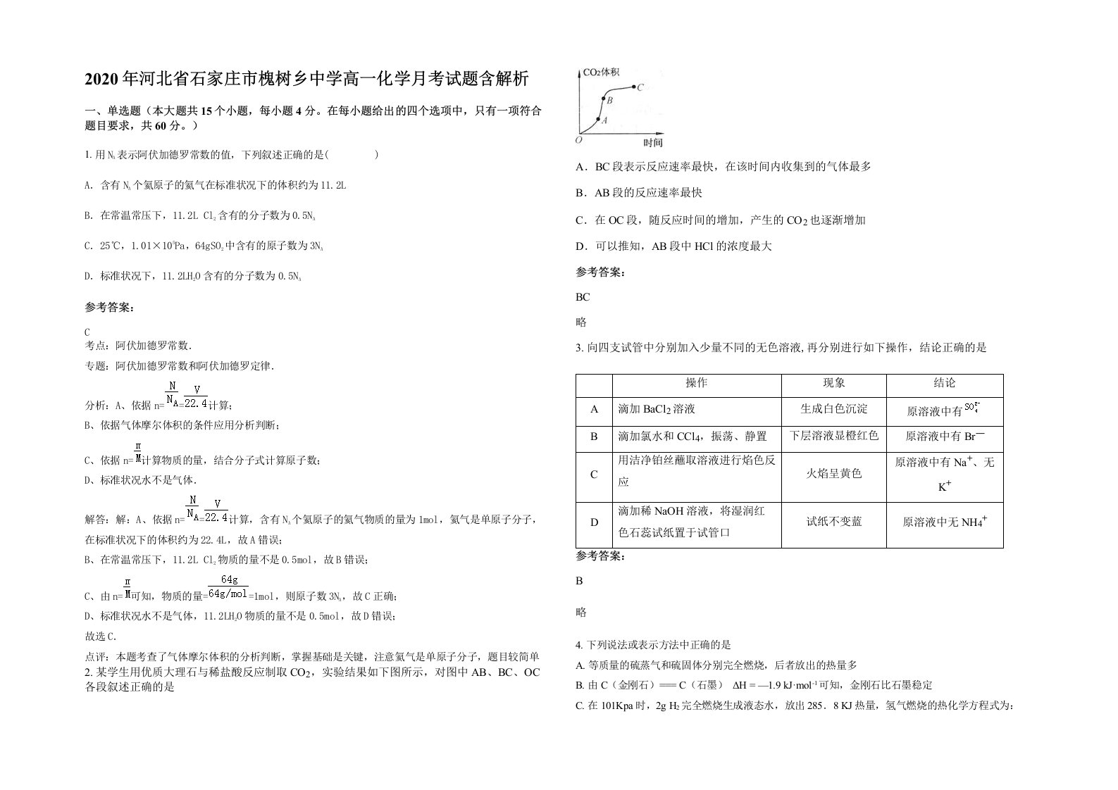 2020年河北省石家庄市槐树乡中学高一化学月考试题含解析