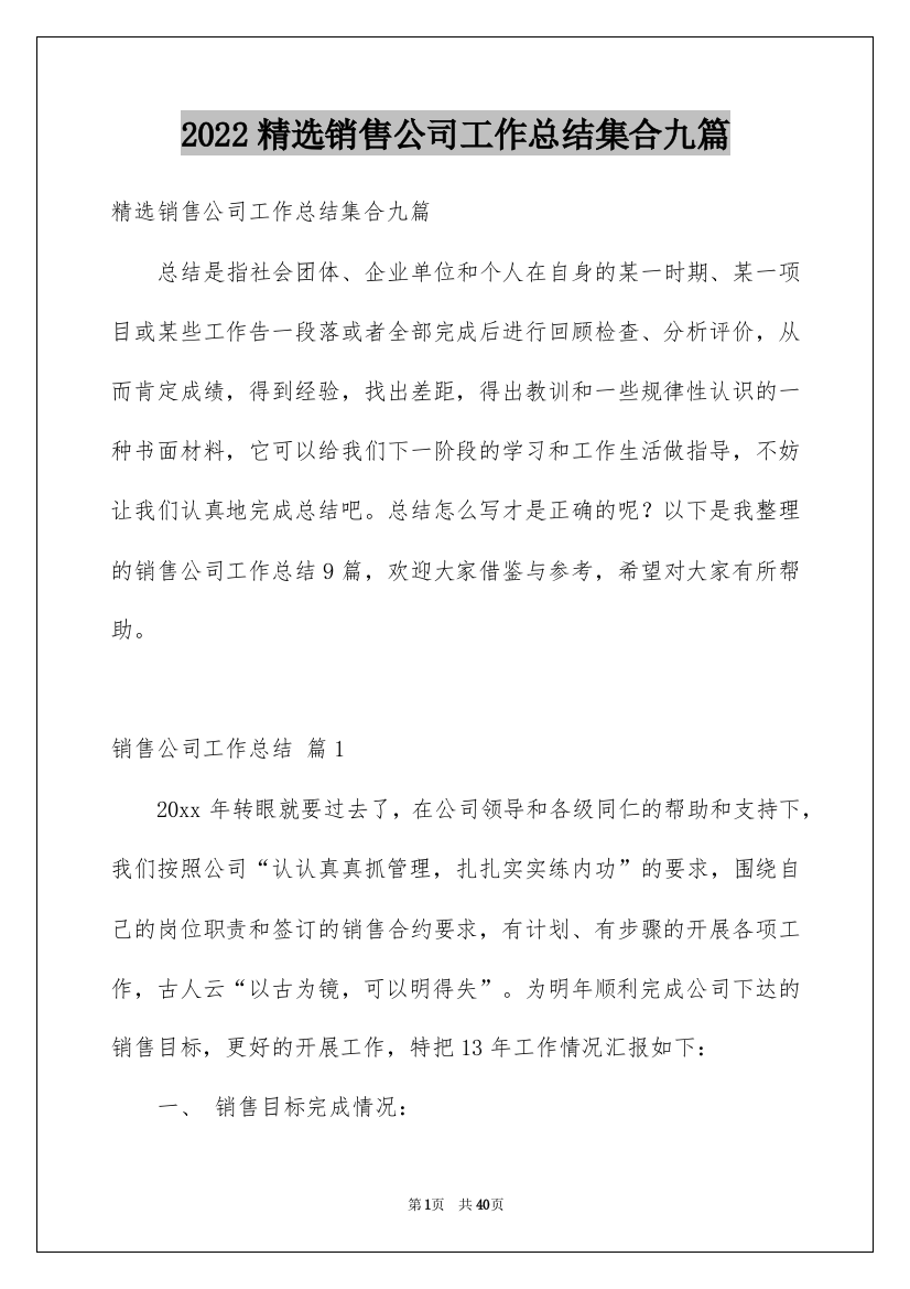 2022精选销售公司工作总结集合九篇