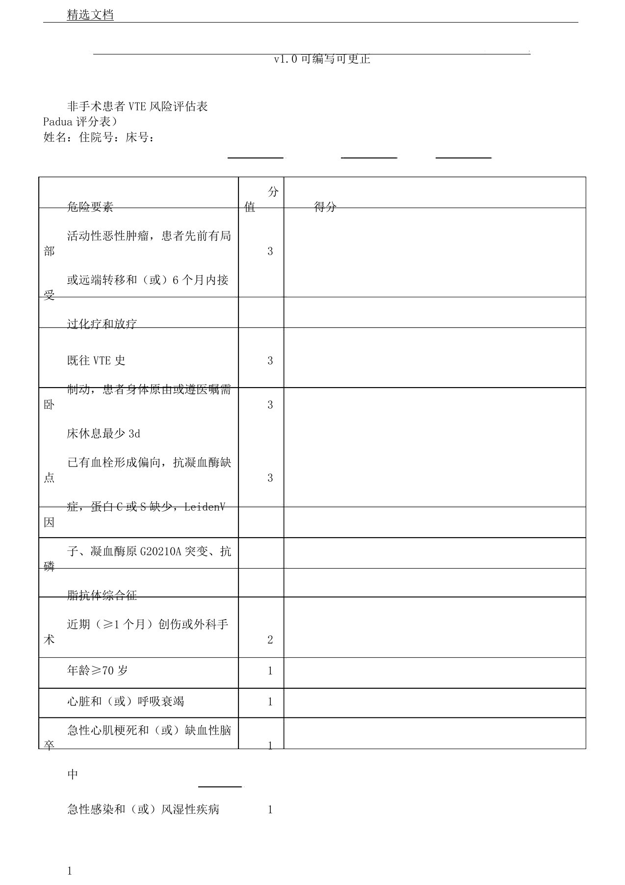 非手术患者VTE风险评估表格Padua评分表格