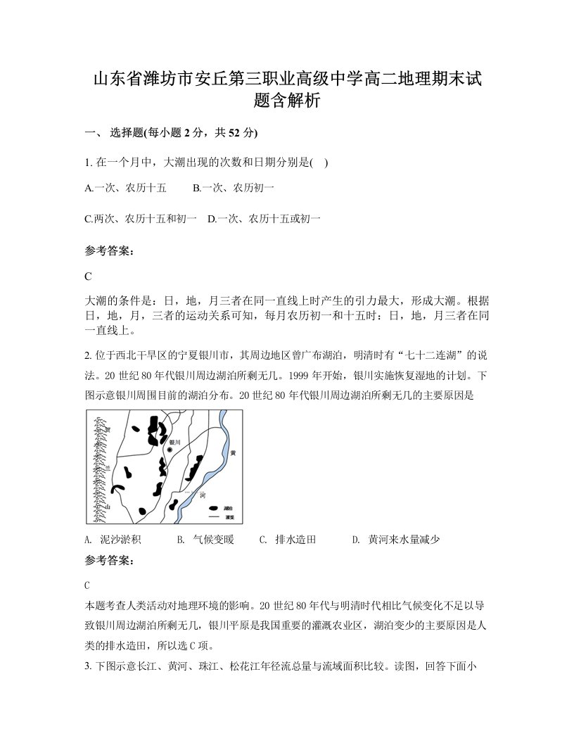 山东省潍坊市安丘第三职业高级中学高二地理期末试题含解析