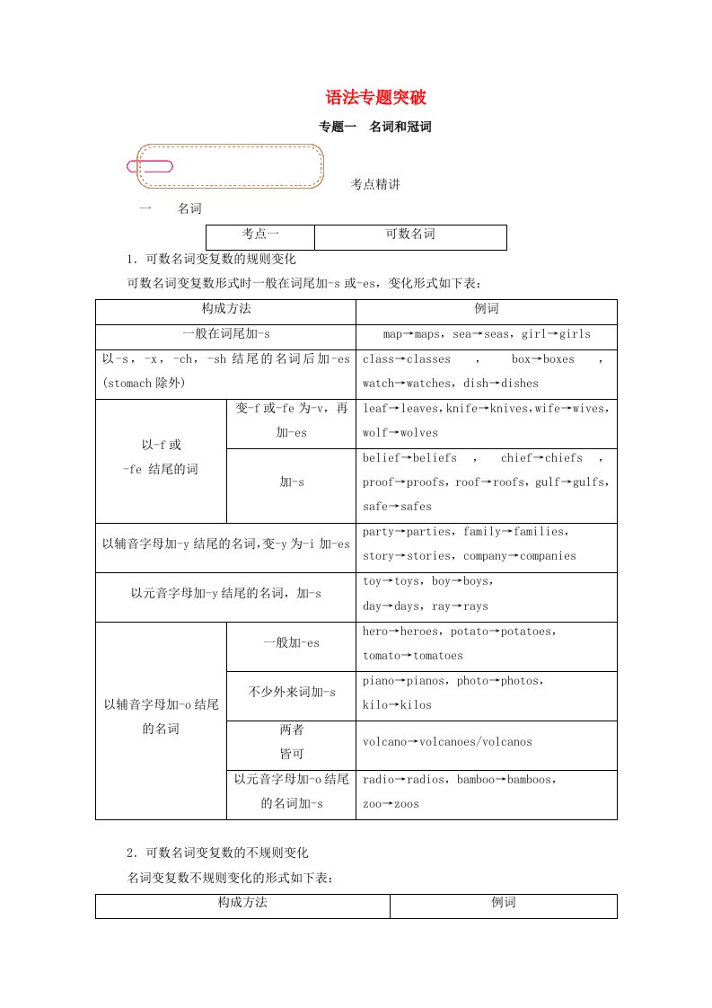 2022届高考英语一轮总复习专题一名词和冠词学案含解析新人教版