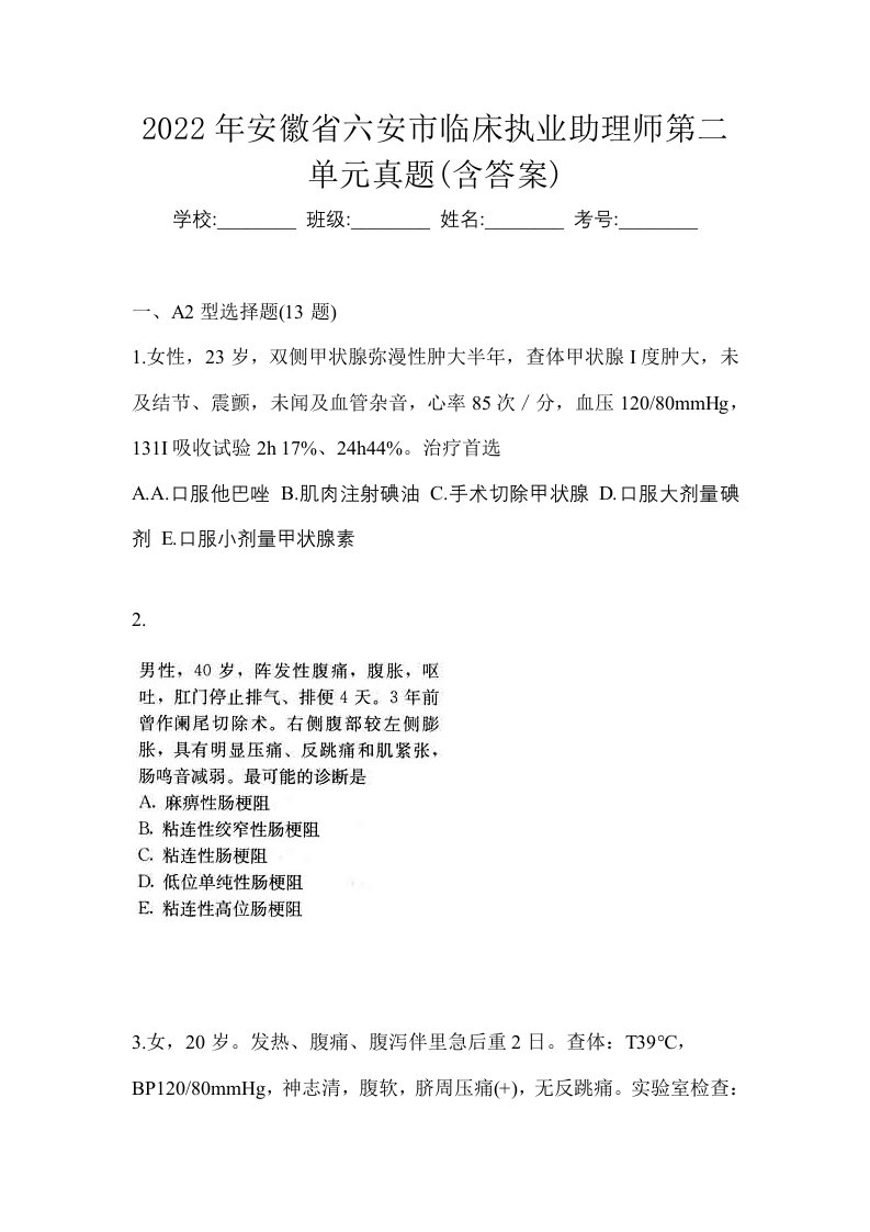 2022年安徽省六安市临床执业助理师第二单元真题含答案