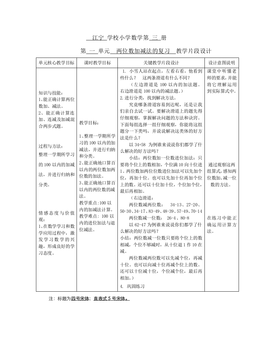 江宁学校小学数学第三册第一单元两位数加减法的复习教学片段设计