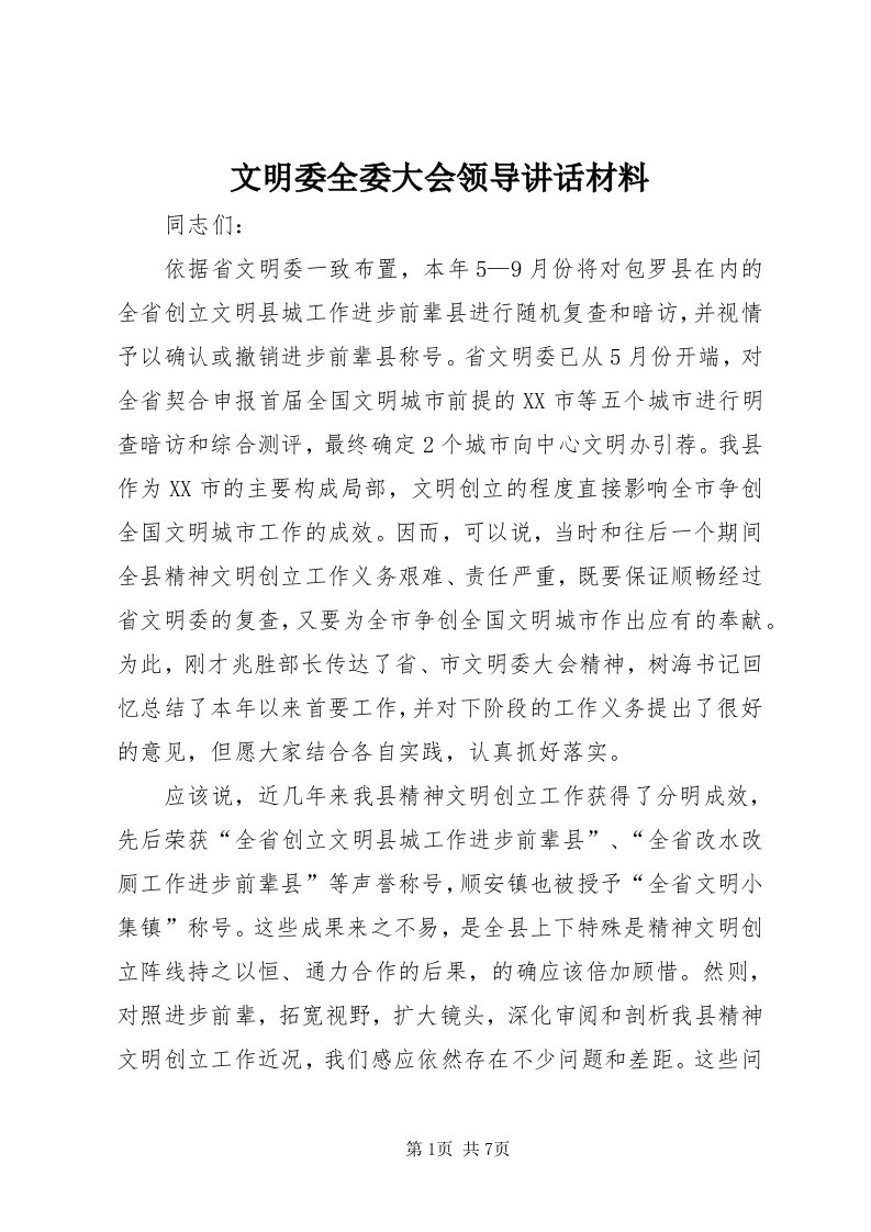 6文明委全委大会领导致辞材料