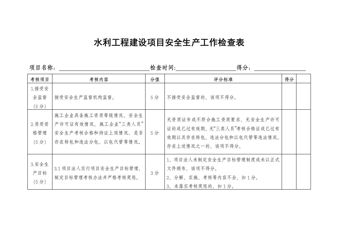 水利工程建设项目安全生产工作检查表