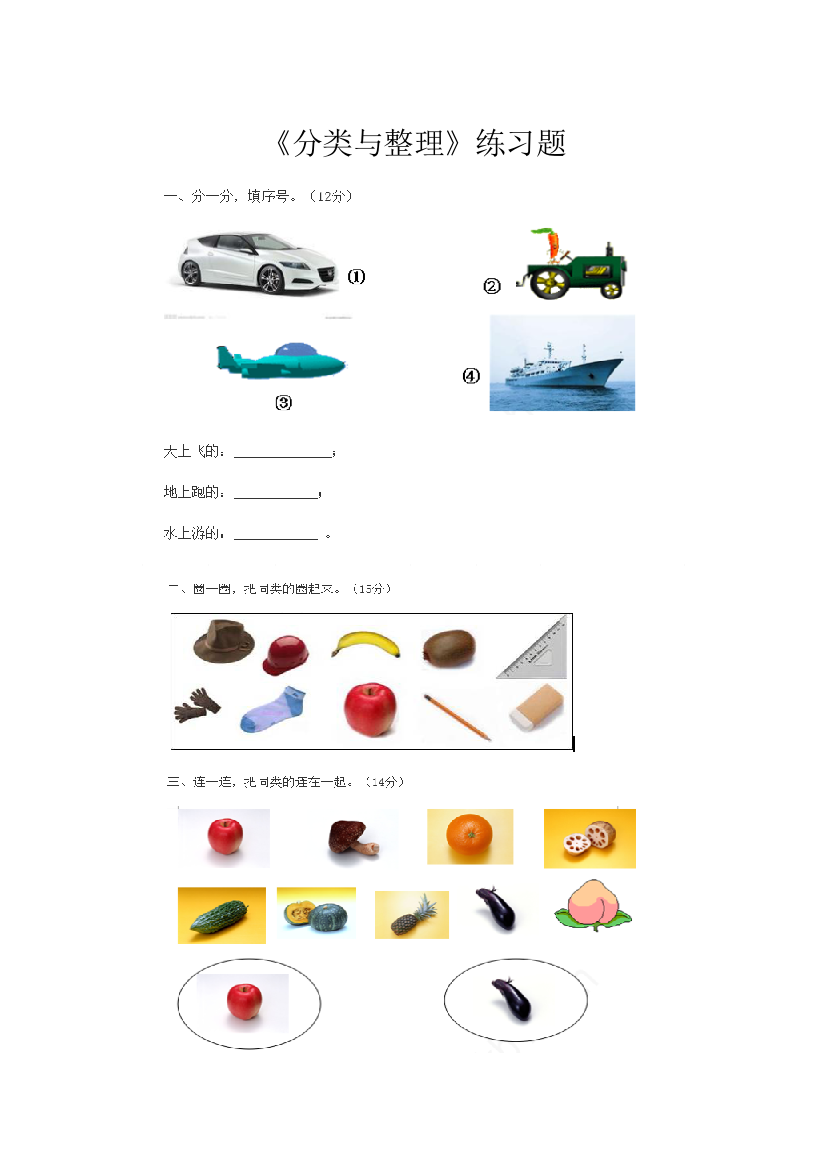 小学数学人教一年级《分类与整理》练习题