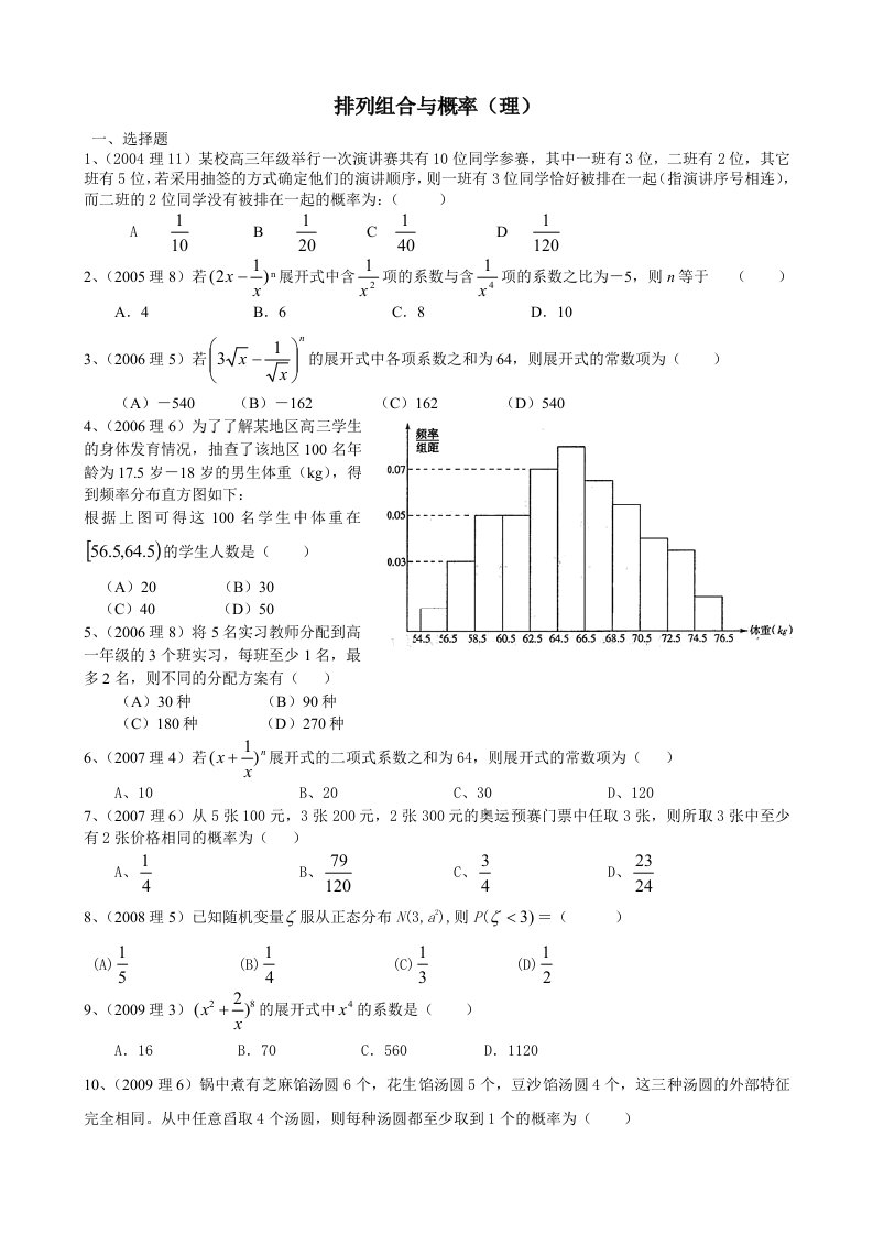 重庆高考试题分类整理(数学理)06排列组合与概率(理)