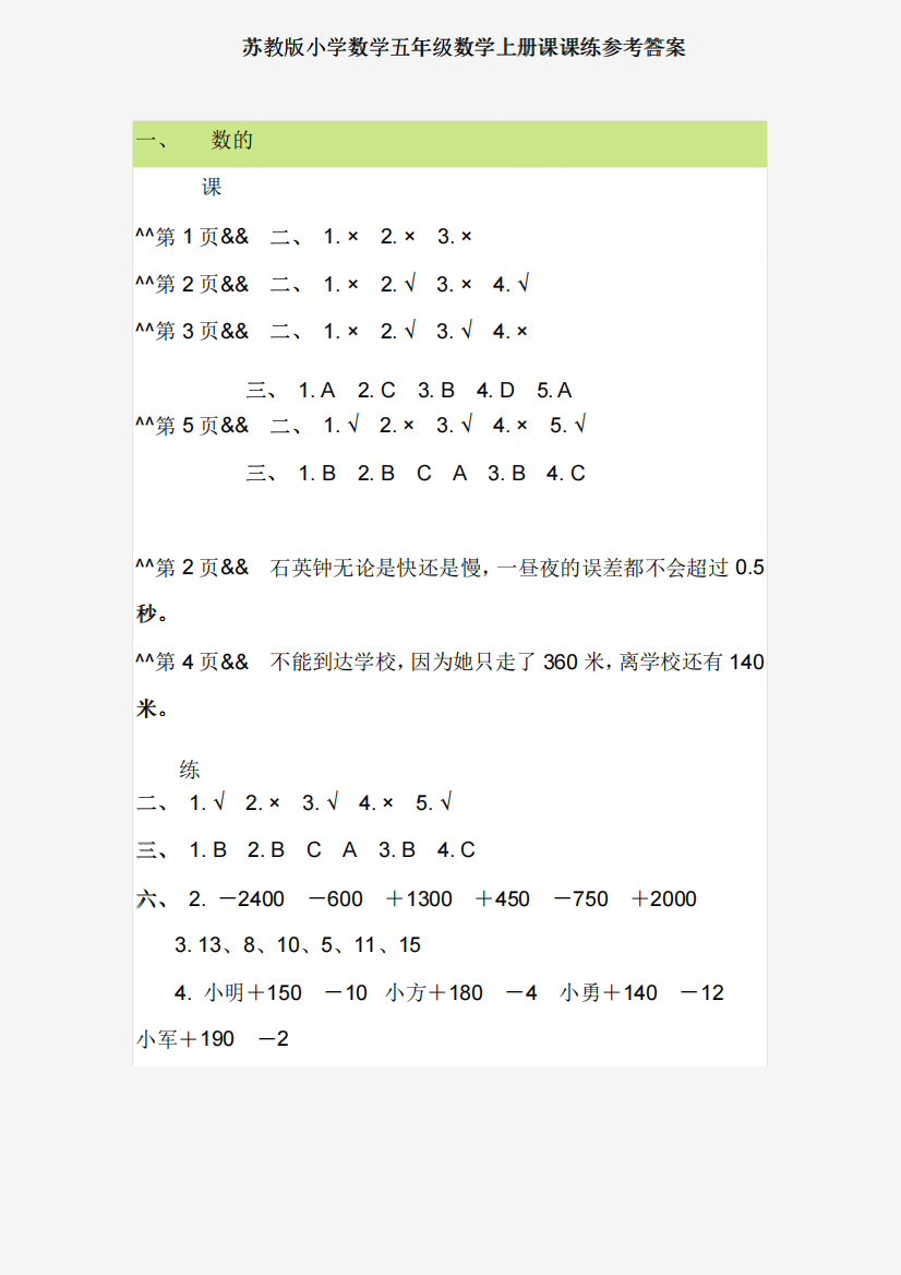 苏教版小学数学五年级数学上册课课练参考答案