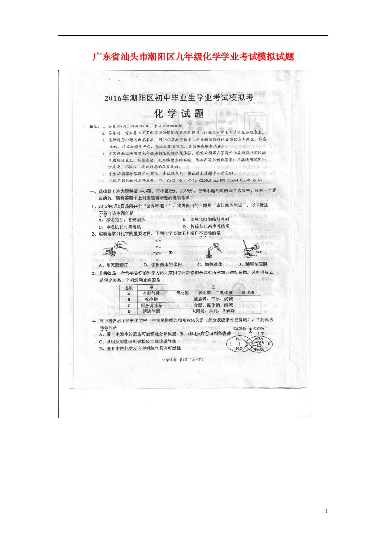 广东省汕头市潮阳区九级化学学业考试模拟试题（扫描版）