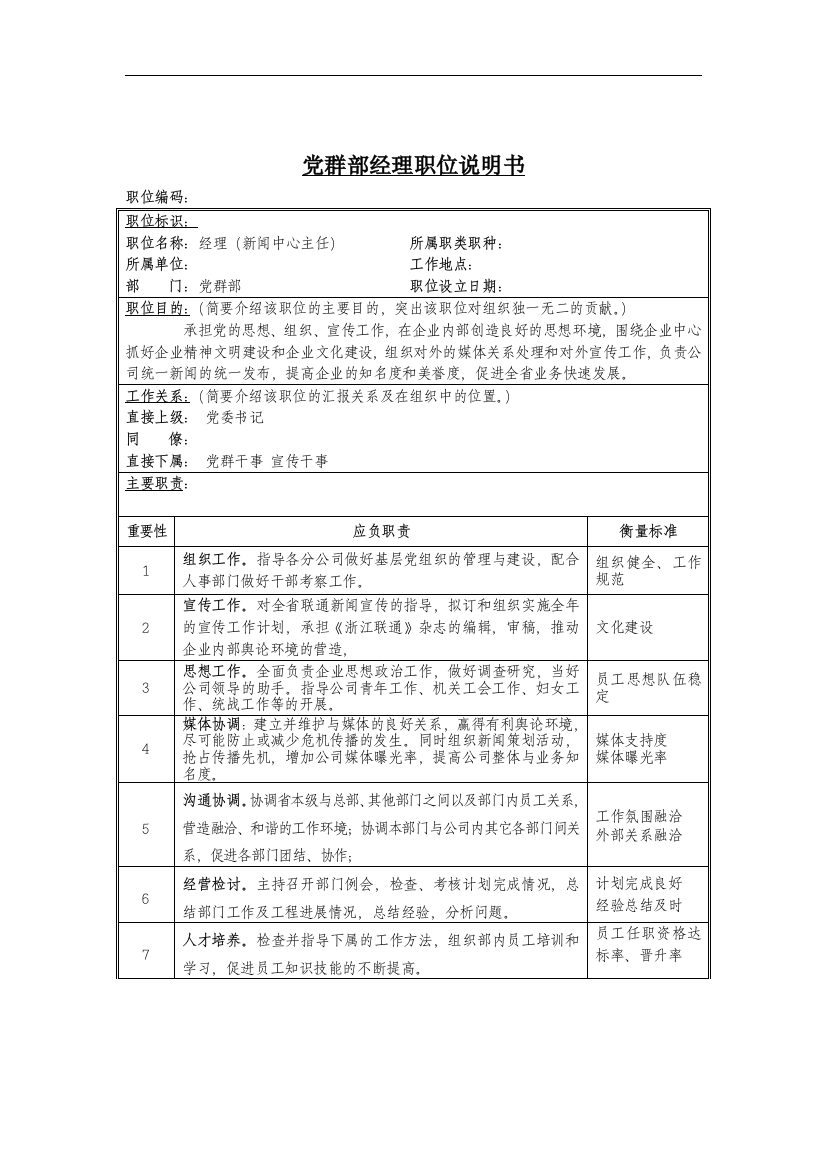 党群部经理岗位说明书