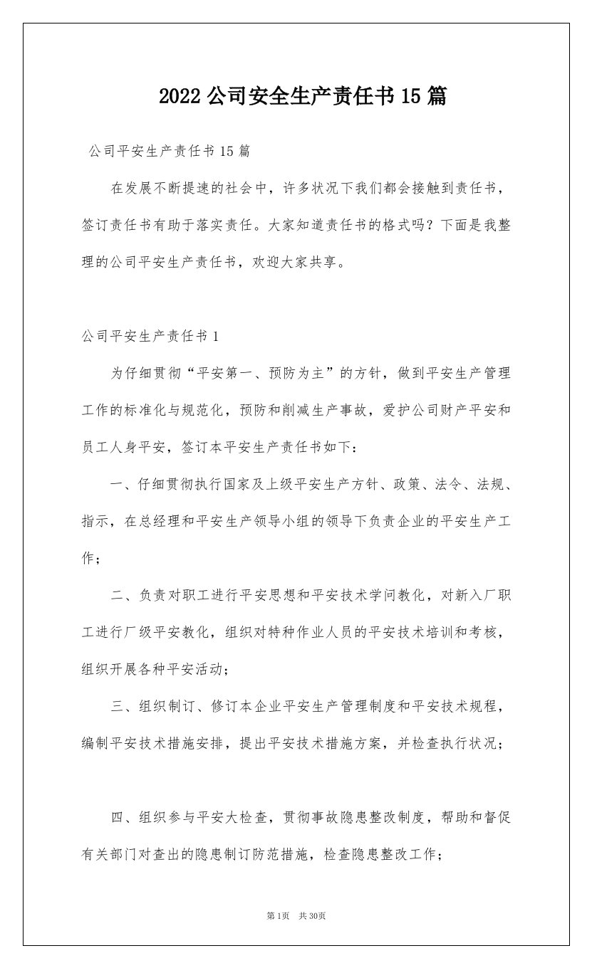 2022公司安全生产责任书15篇