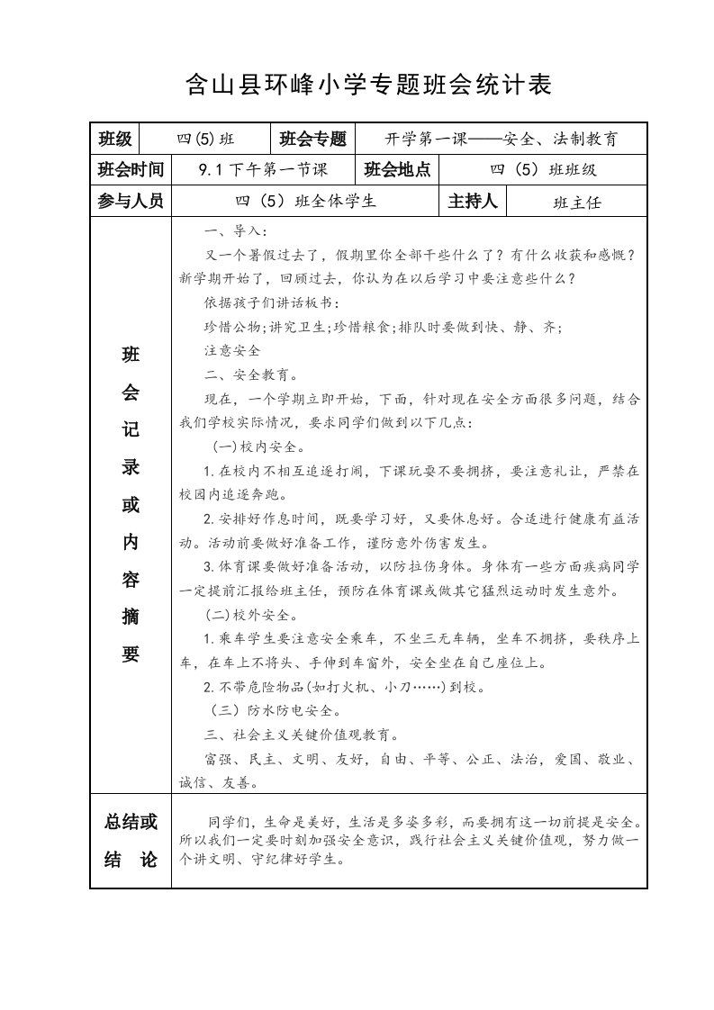 小学主题班会记录表样稿