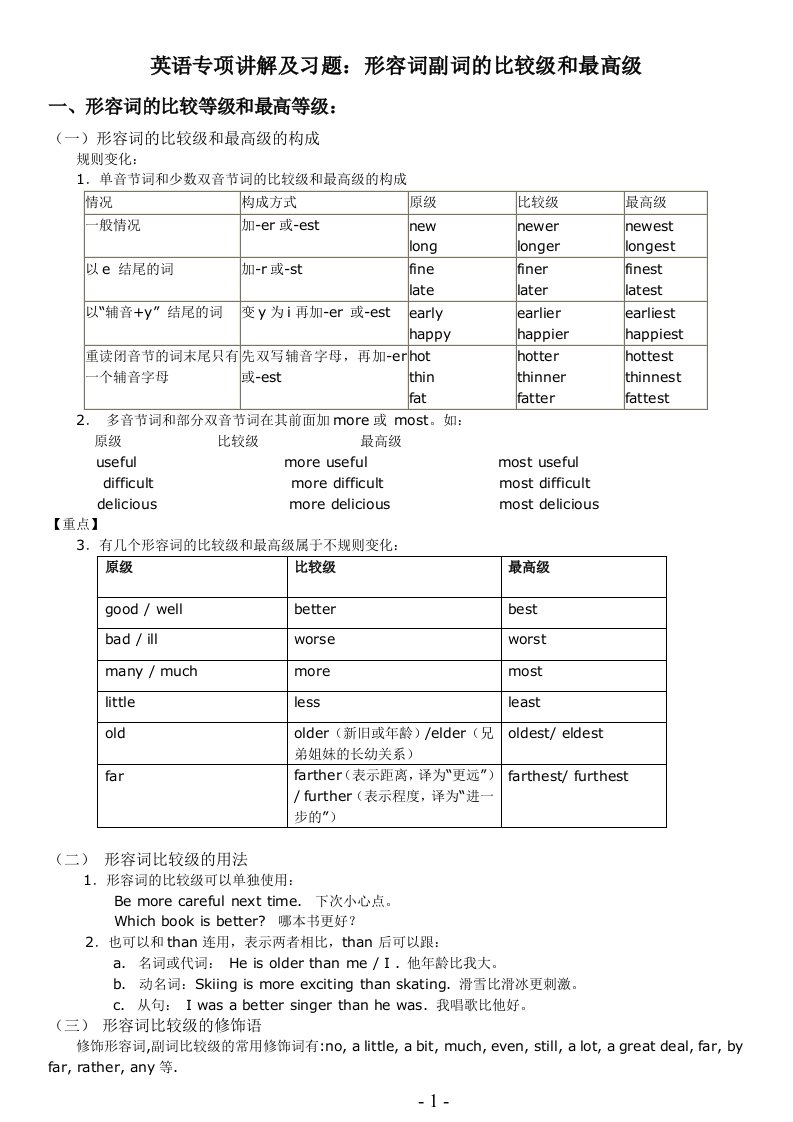 中考英语形容词副词的比较级&最高级专项讲解+习题+答案