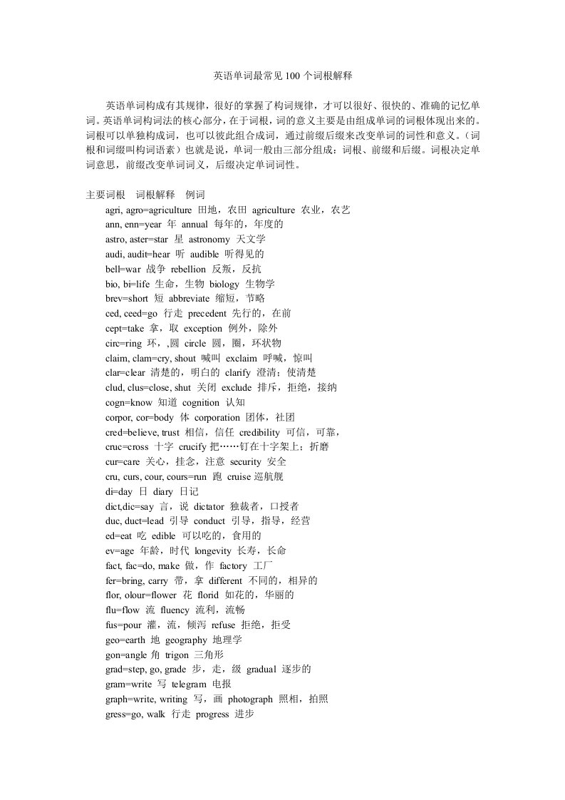 英语单词最常见100个词根解释