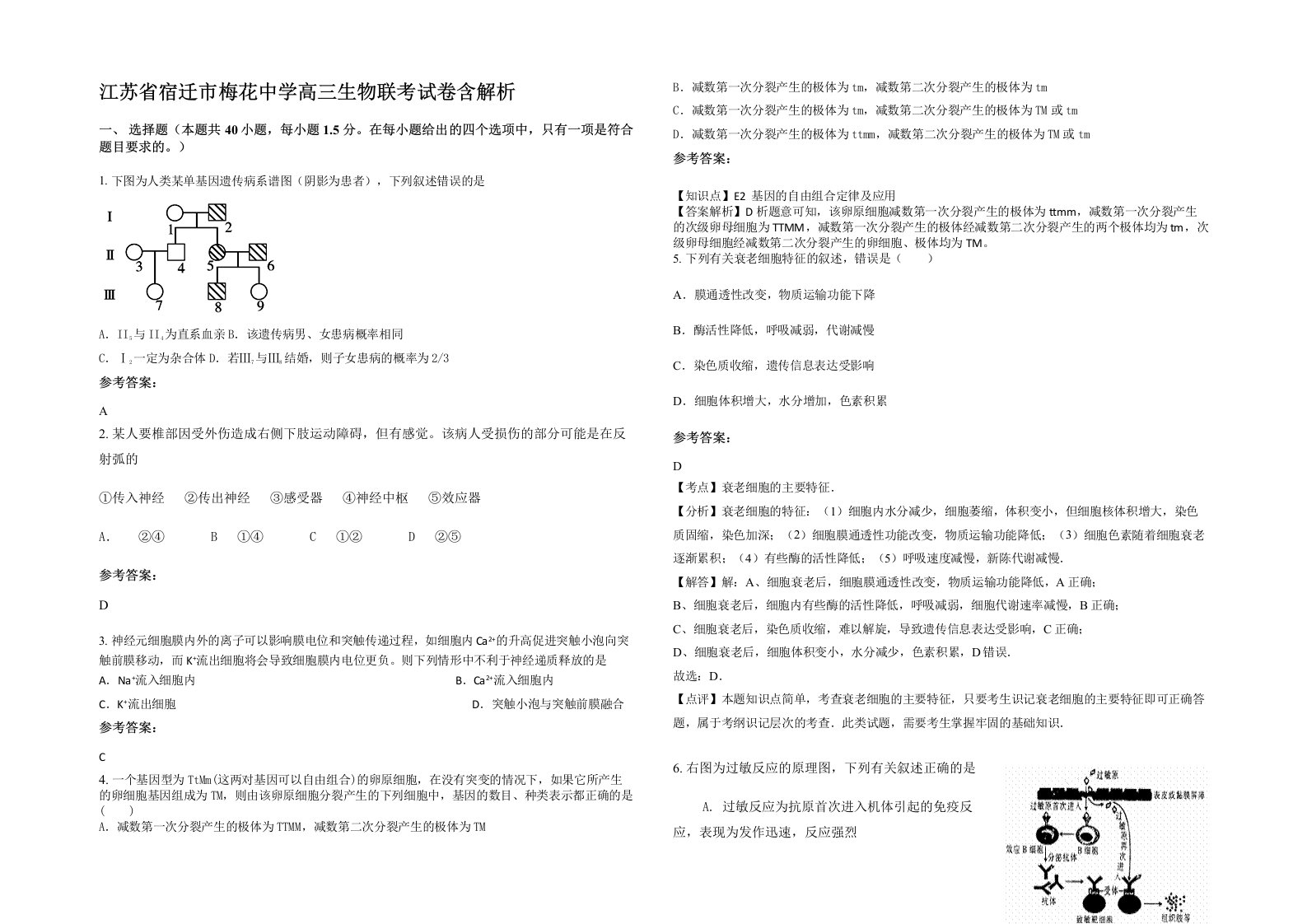 江苏省宿迁市梅花中学高三生物联考试卷含解析