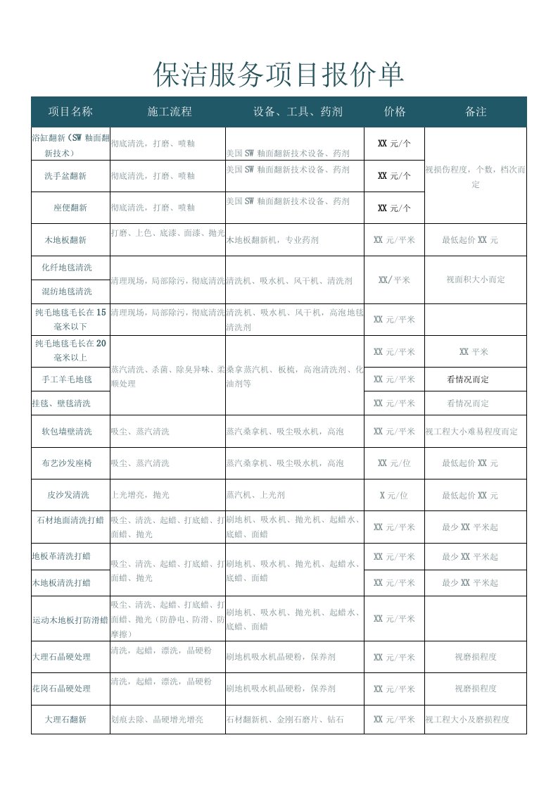 超实用保洁服务报价单明细表格