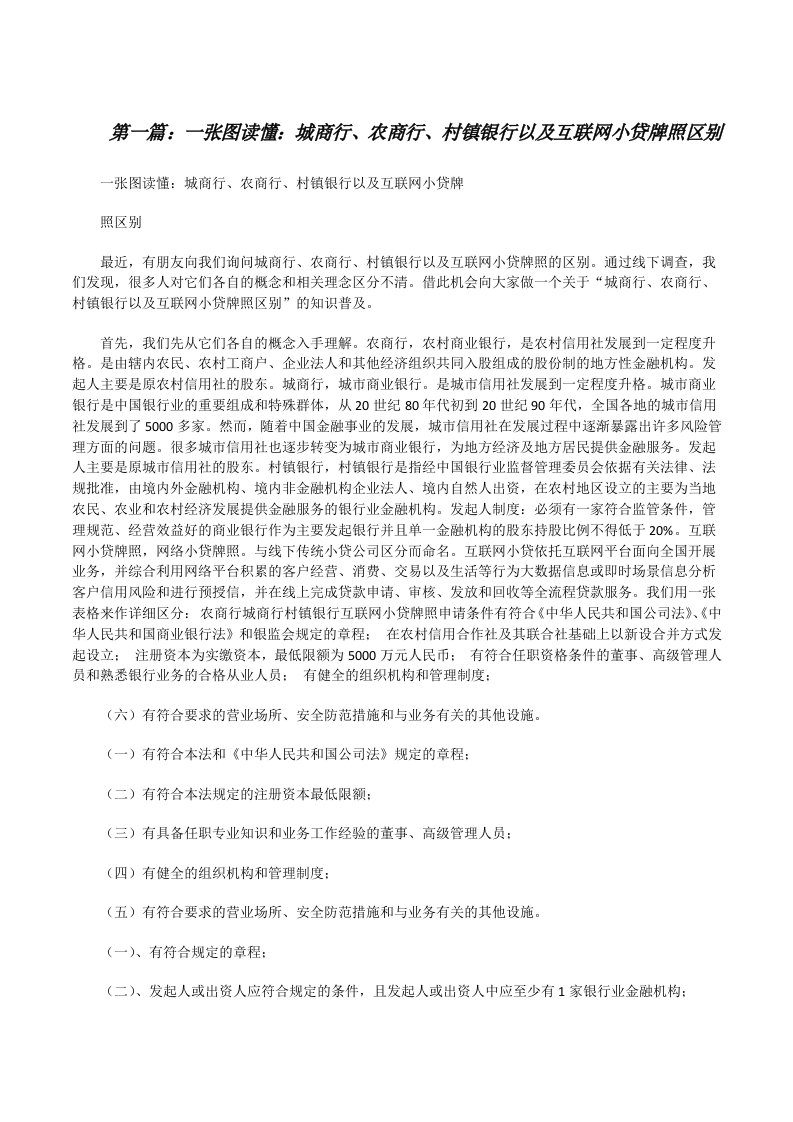 一张图读懂：城商行、农商行、村镇银行以及互联网小贷牌照区别（精选五篇）[修改版]