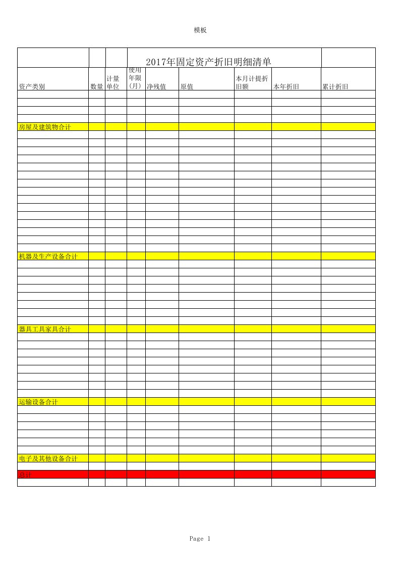 固定资产及累计折旧明细表模板