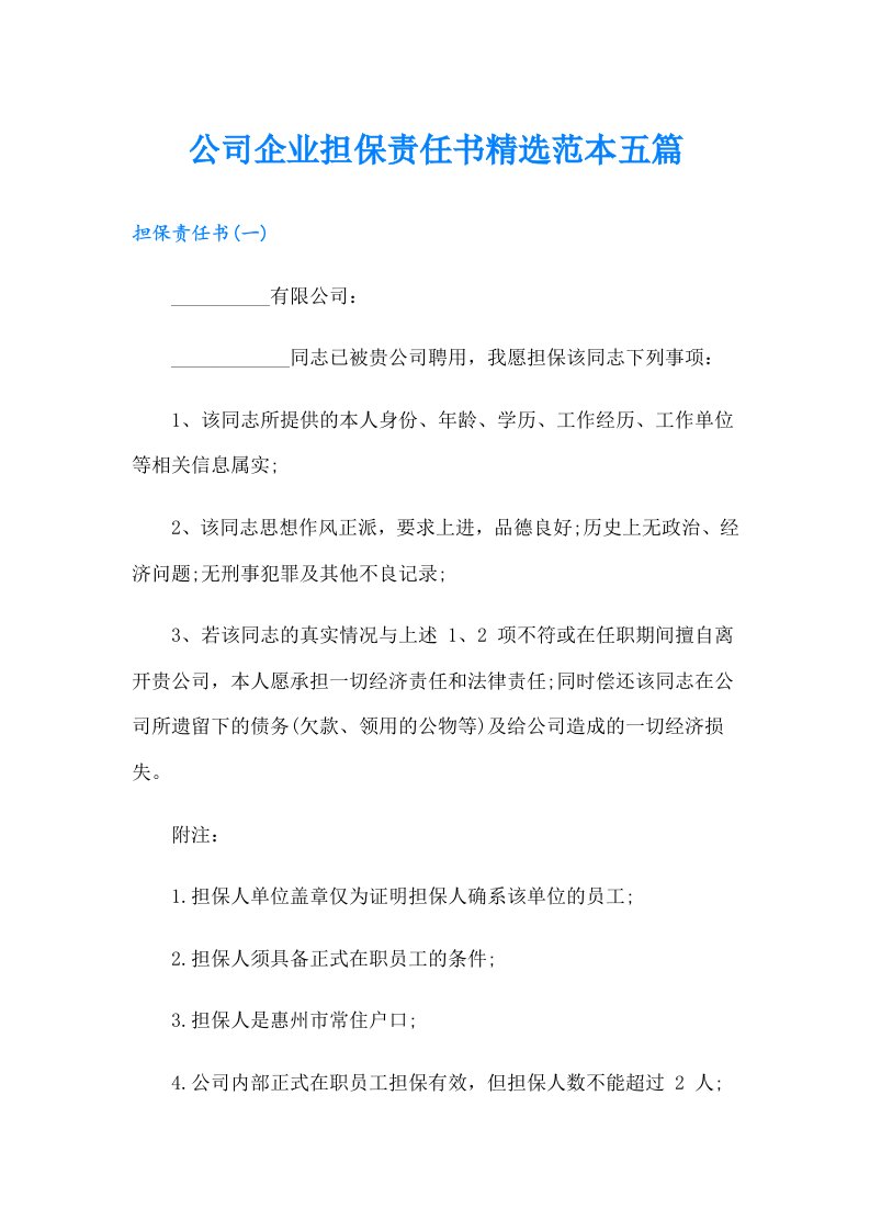 公司企业担保责任书精选范本五篇