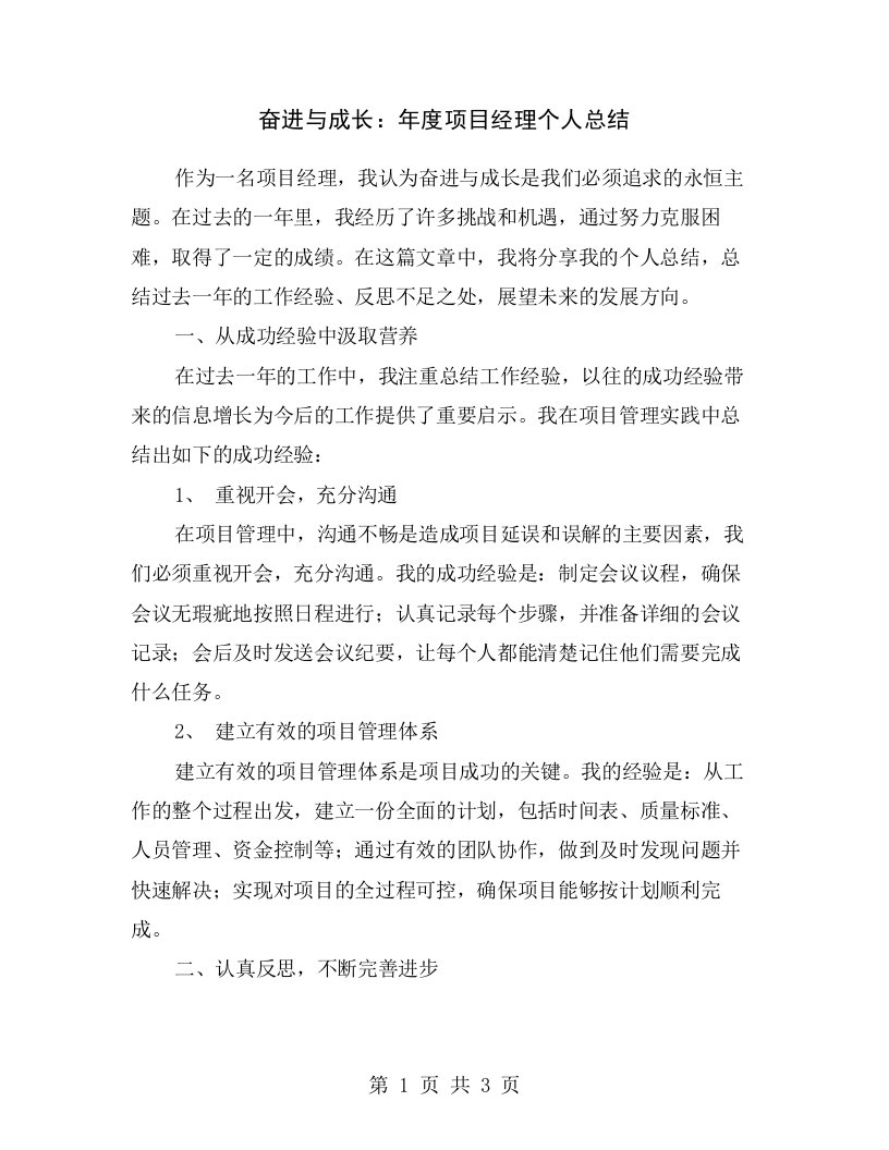 奋进与成长：年度项目经理个人总结