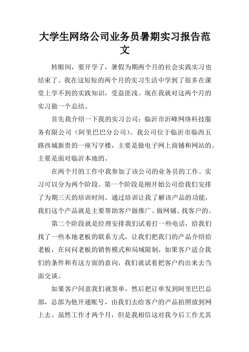 大学生网络公司业务员暑期实习报告范文[范本]