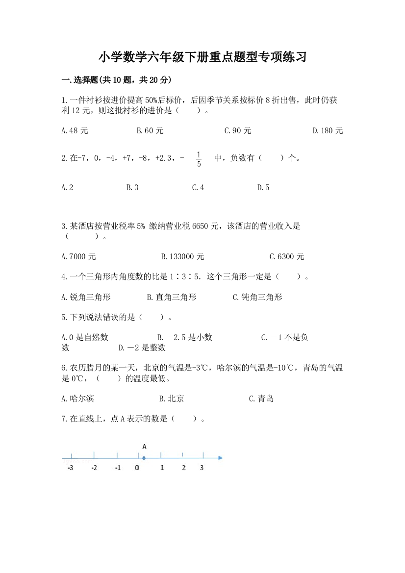 小学数学六年级下册重点题型专项练习含答案