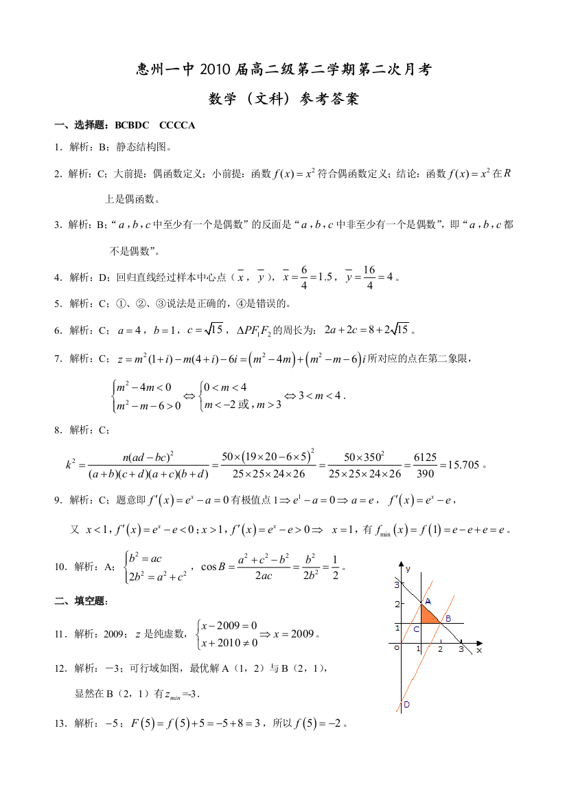 【小学中学教育精选】惠州一中2010届高二级第二学期第二次月考数学（文科）参考答案