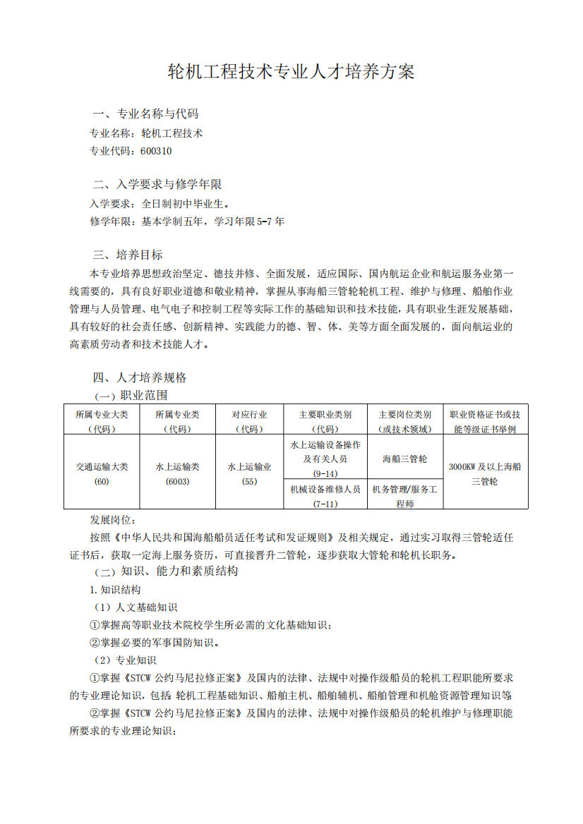 轮机工程技术专业人才培养方案(最新整理)